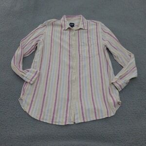 GAP Shirt Womens Medium Pink Yellow Blue Striped Linen Blend Button Down